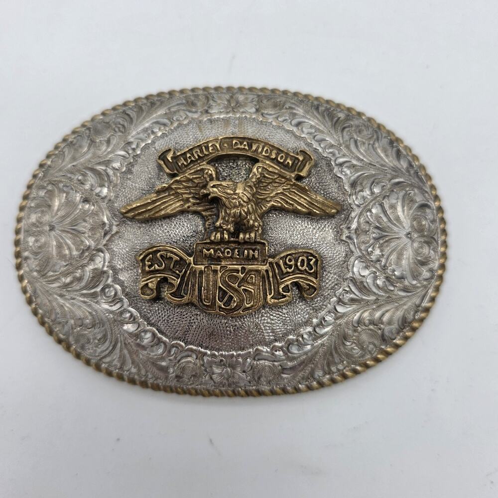 Vintage Crumrine Harley Davidson Eagle Belt Buckle Silver Gold Tone USA